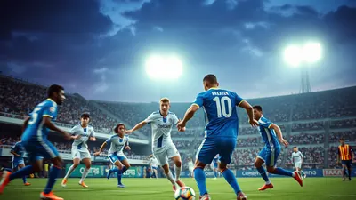 A dramatic night-time match scene on a rain-slick stadium pitch, anonymous FC Juárez forward in a plain white jersey...