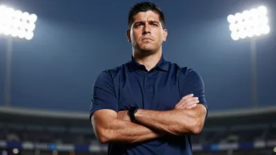 Tight waist-up shot of a mid-20s Latino football coach in a solid dark blue polo, arms crossed, intense expression