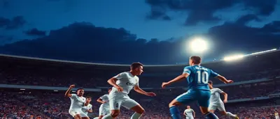 A dramatic night-time stadium shot of two anonymous footballers locked in a fierce duel for the ball, one in plain white...