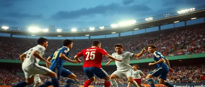 A Puebla player in a plain blue kit and a Chivas player in a plain red and white striped kit clash mid-air...